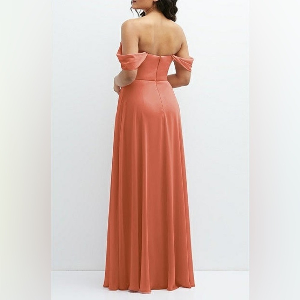 THREAD CHIFFON MAXI DRESS OFF-THE-SHOULDER IN TERRACOTTA COPPER SIZE 14